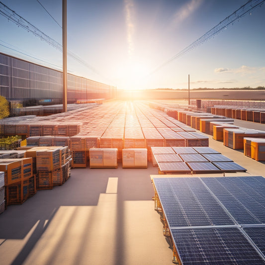 A vibrant, sunlit warehouse filled with neatly stacked rows of solar panels, with a computer screen in the foreground displaying an online shopping cart filled with discounted solar panels.