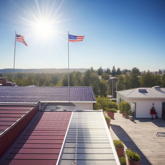 A sunny rooftop with three numbered flags (1, 2, 3) each hovering above a distinct section: a home assessment, a solar panel installation, and a certified technician giving a thumbs-up.