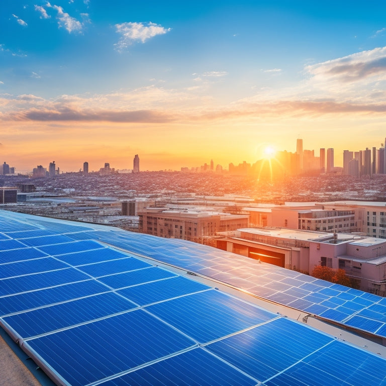 A futuristic rooftop with sleek, high-efficiency solar panels in a staggered formation, set against a bright blue sky with a few wispy clouds, surrounded by modern cityscape silhouettes.