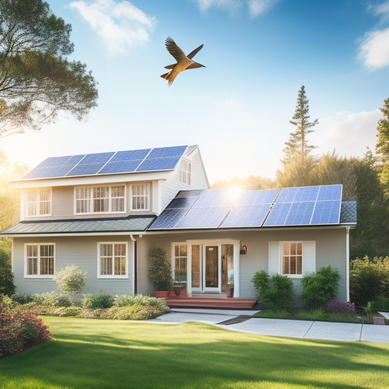 A serene suburban home with solar panels on the roof, surrounded by lush greenery and a bright blue sky, with a subtle sunbeam illuminating the panels and a few birds flying overhead.