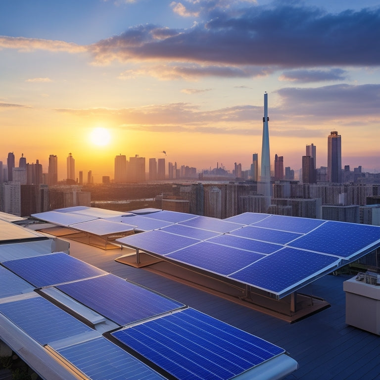 A modern, sleek rooftop with a array of thin, black solar panels, surrounded by gleaming silver mounting systems, amidst a subtle cityscape background at sunset with warm, golden lighting.