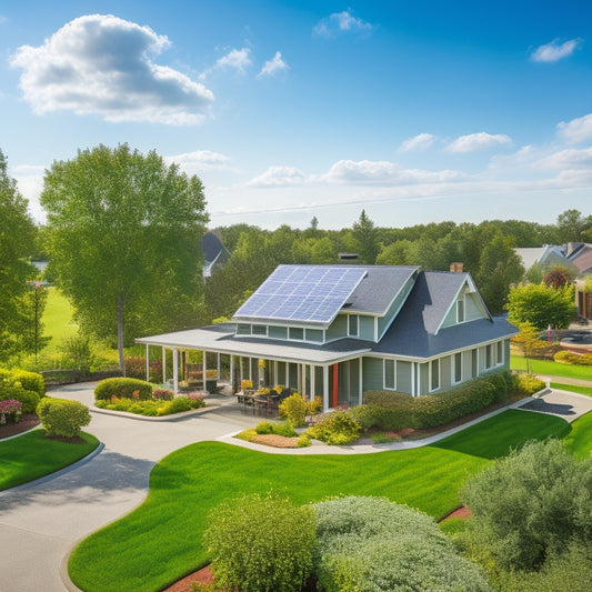 A serene suburban neighborhood with a mix of traditional and modern homes, one prominently featuring a roof-mounted solar panel array, surrounded by lush greenery and a bright blue sky with a few puffy clouds.