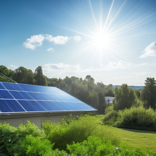 A bright blue sky with a few puffy white clouds, a modern solar panel array installed on a residential rooftop, with a subtle calculator and pencil lying nearby, surrounded by lush greenery.