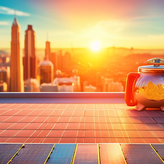 A sunny rooftop with three prominent solar panels, a piggy bank overflowing with coins in the foreground, and a subtle cityscape in the background with a faint dollar sign pattern.