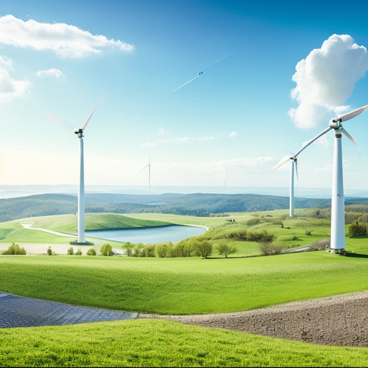 A serene landscape featuring a mix of wind turbines, solar panels, and a geothermal well, set against a bright blue sky with fluffy white clouds, surrounded by lush greenery.