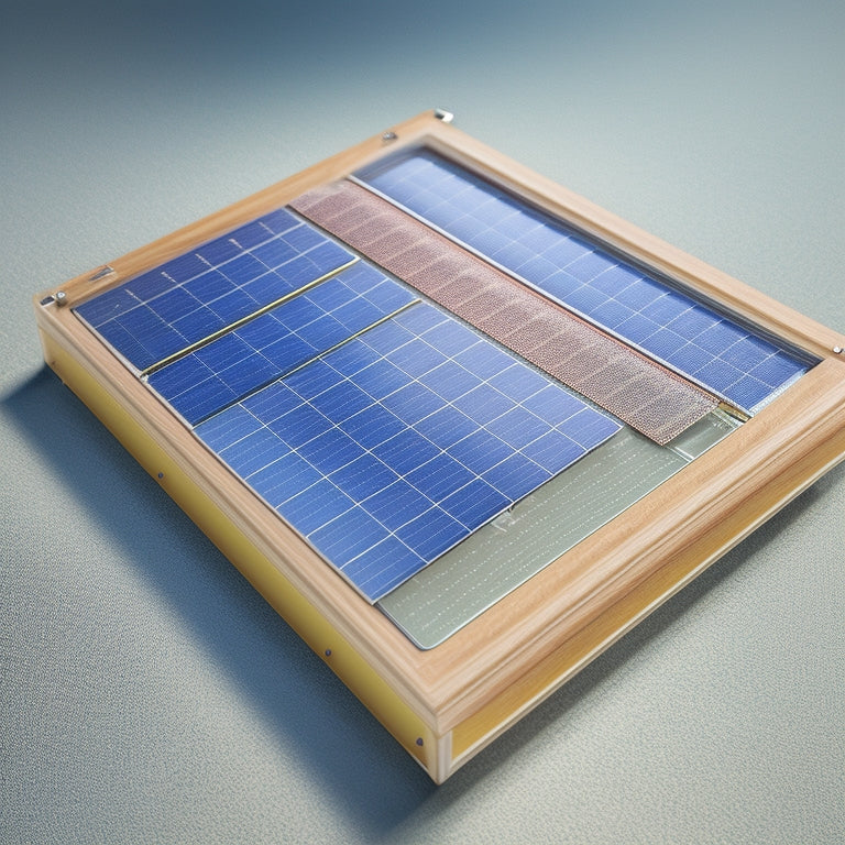 An illustration of a dissected solar panel, showcasing its internal layers: a transparent glass or plastic cover, a layer of anti-reflective coating, silicon photovoltaic cells, a metal grid, and a backing sheet.