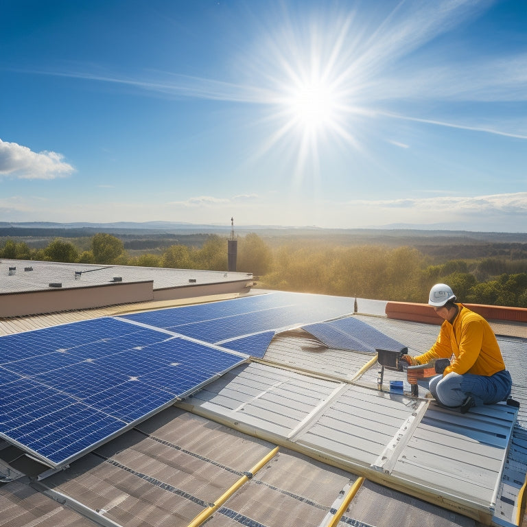 A sunlit rooftop with neatly arranged solar panels, tools scattered nearby, a person installing a panel, lush green background, blue sky with a few clouds, and a solar inverter mounted on the wall.