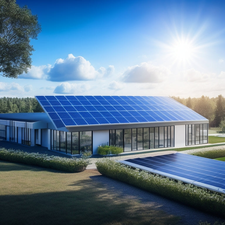 A photorealistic illustration of a modern commercial building with sleek solar panels installed on its roof, surrounded by lush greenery and a bright blue sky with a few fluffy white clouds.