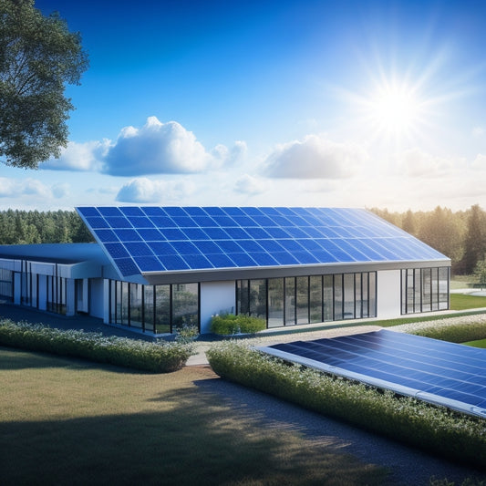 A photorealistic illustration of a modern commercial building with sleek solar panels installed on its roof, surrounded by lush greenery and a bright blue sky with a few fluffy white clouds.