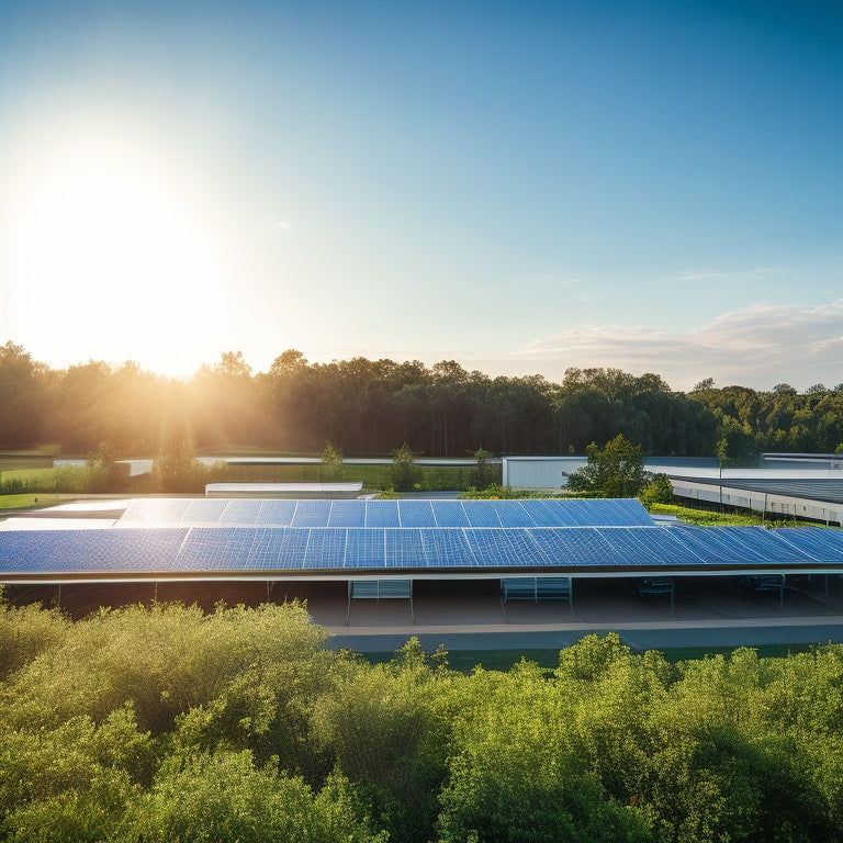 A serene landscape with a modern commercial building in the background, surrounded by lush greenery, with a sleek array of solar panels installed on the rooftop, under a bright blue sky.