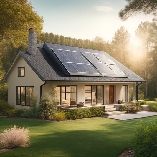 A serene suburban home with a sloping roof, surrounded by lush greenery, featuring a mix of rectangular and triangular solar panels in a staggered installation, with a few panels slightly angled.
