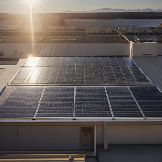 A sunny rooftop with a mix of old, rusty ventilation units and sleek, black photovoltaic panels, with a subtle grid pattern of shadows cast across the surface.