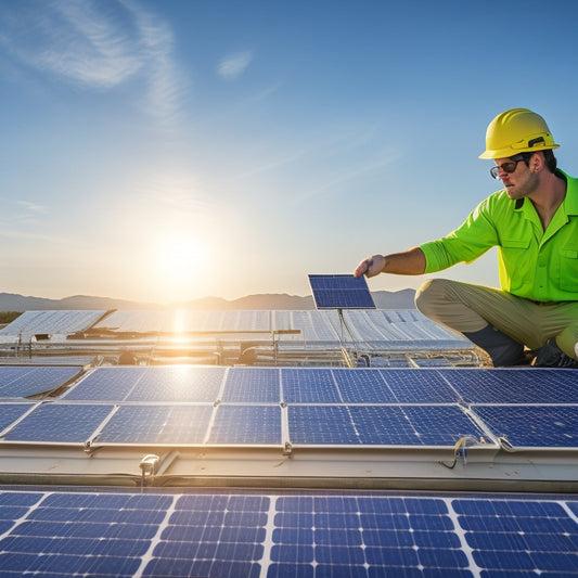 A technician inspecting solar panels on a rooftop, surrounded by tools and spare parts, sunlight reflecting off the panels, with a clear blue sky in the background, showcasing a vibrant, eco-friendly environment.