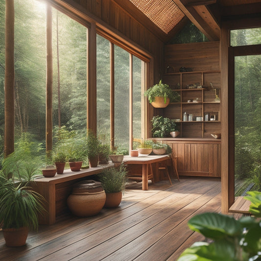 A serene wooden cabin surrounded by lush greenery, featuring natural stone walls, clay tiles, and bamboo flooring, with sunlight filtering through large windows showcasing eco-friendly interior furnishings and plants.