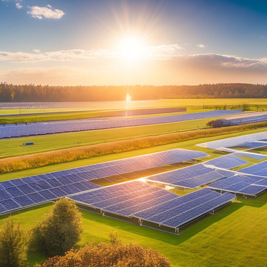 A serene landscape featuring a modern solar farm with rows of glistening solar panels under a bright blue sky, adjacent to a sleek, high-tech battery storage facility, surrounded by lush greenery.