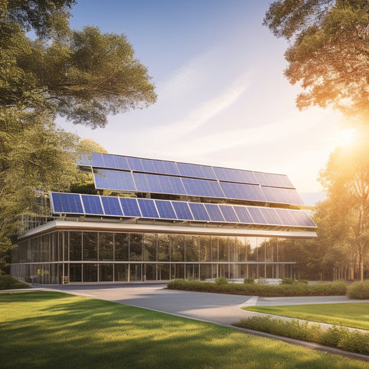 A modern office building with solar panels on the roof, golden sunlight reflecting off the panels, surrounded by green trees and a clear blue sky, conveying a sense of sustainability and financial growth.