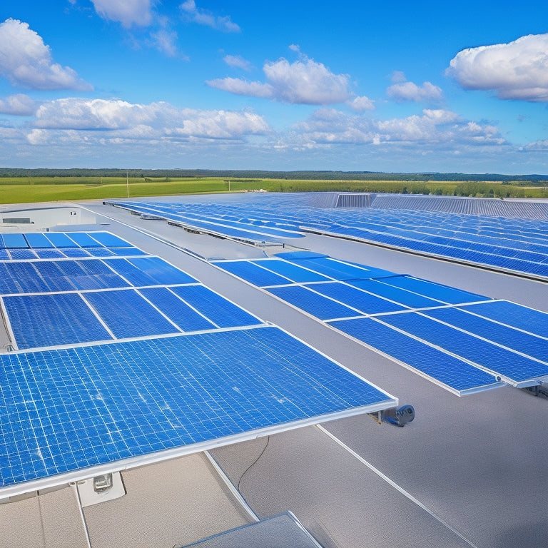 An aerial view of a commercial rooftop with a sleek, modern solar PV system featuring angled panels, sleek inverters, and optimized racking, set against a bright blue sky with fluffy white clouds.