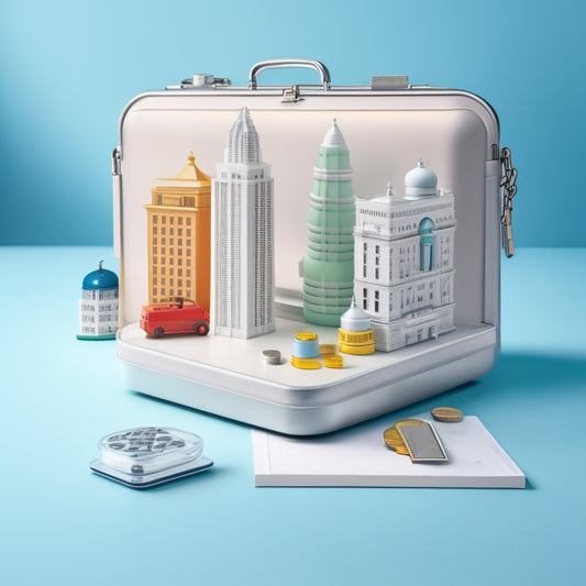 A minimalist illustration featuring a large, sleek, silver briefcase with a subtle grid pattern, surrounded by scattered, colorful miniature buildings and tiny coins, set against a clean, white background.