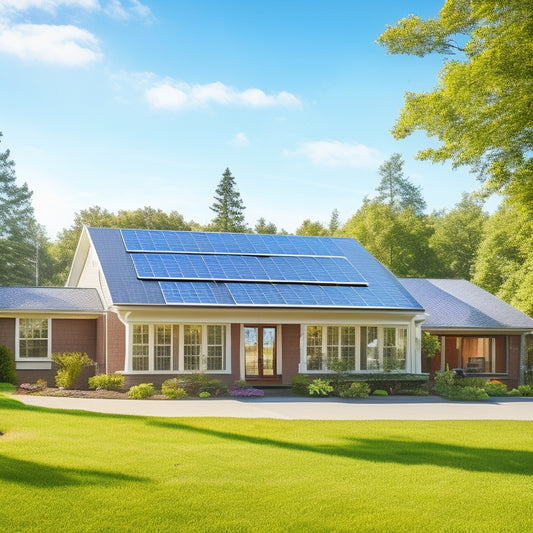 A serene suburban home with solar panels installed on its roof, surrounded by lush green trees and a bright blue sky with a few puffy white clouds, conveying a sense of eco-friendliness and sustainability.