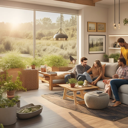 A cozy, sunlit living room with large windows, plants thriving in natural light, energy-efficient appliances in the kitchen, a solar panel on the roof, and a family enjoying time together, surrounded by sustainable materials.