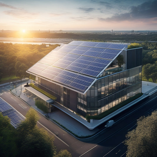 A modern office building with sleek, silver solar panels seamlessly integrated into its rooftop, surrounded by lush greenery and a bustling cityscape at sunset.