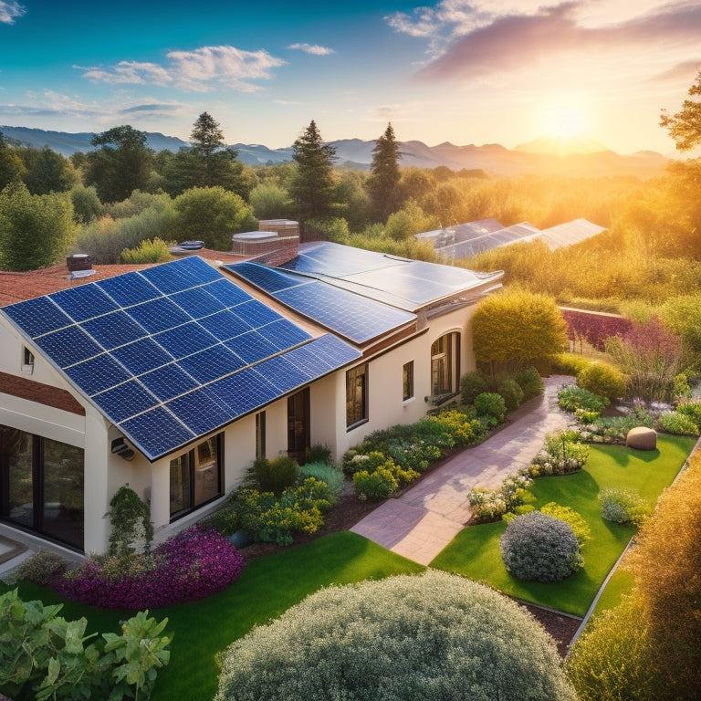 A vibrant landscape featuring solar panels on rooftops, lush green gardens, and a bright sun overhead, showcasing a harmonious blend of modern homes and nature, embodying sustainable living and renewable energy.