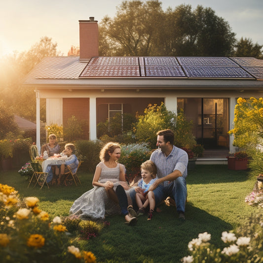 A bright, sunlit rooftop adorned with solar panels, casting soft shadows. Below, a cozy home with a smiling family enjoying a picnic on the lawn, surrounded by vibrant flowers and trees.