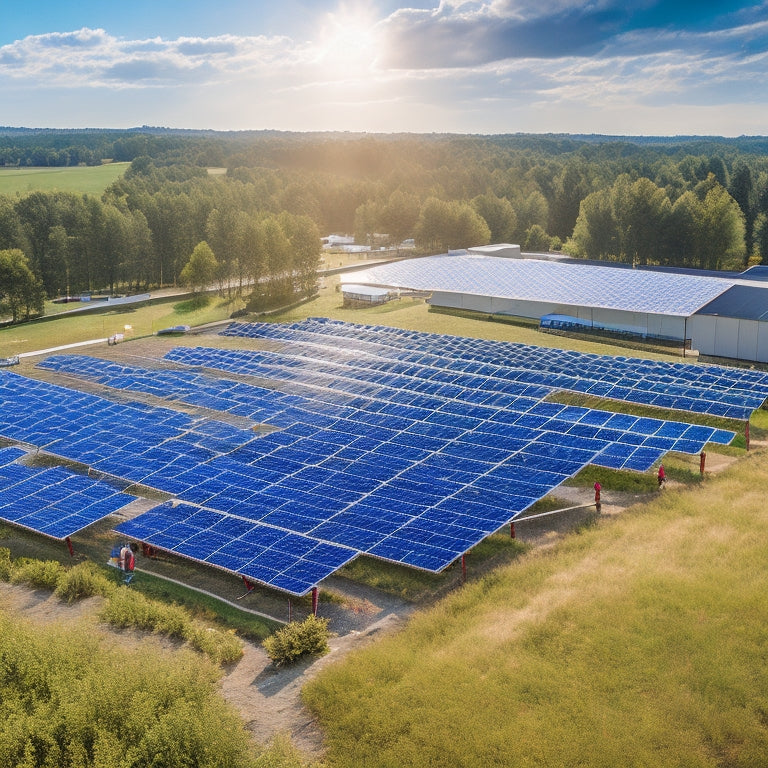 A vibrant community solar farm with solar panels gleaming in sunlight, surrounded by local businesses, people collaborating, and lush greenery, showcasing harmony between renewable energy and thriving local commerce.