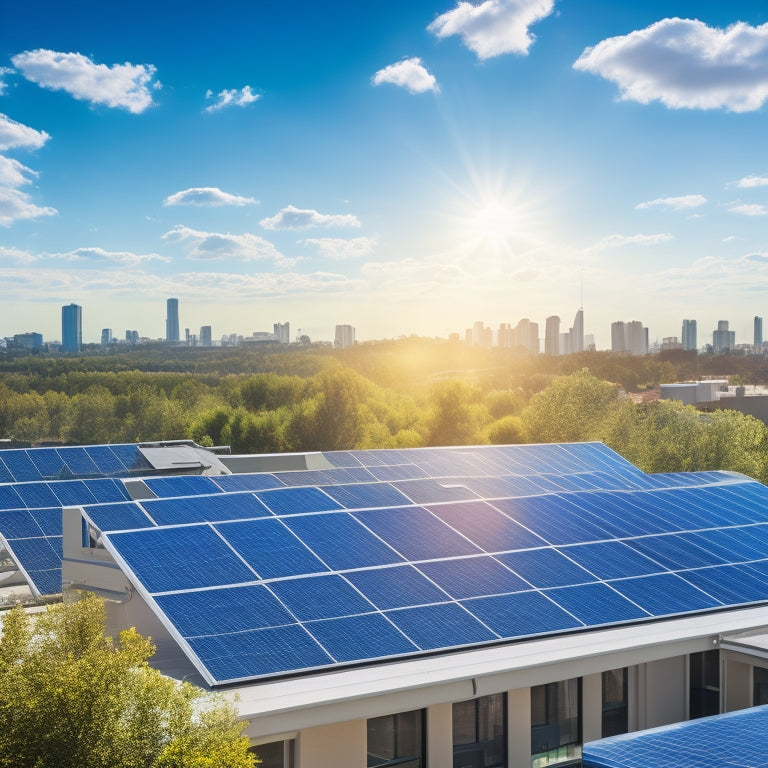 A small business rooftop with sleek solar panels, sunlight reflecting off them; background includes a clear blue sky, green trees, and a few neighboring buildings. A financial graph overlay with ascending bars in the foreground.