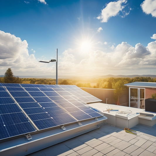 A photorealistic illustration of a rooftop with solar panels at various stages of installation, showcasing tools, wiring, and a ladder, set against a bright blue sky with fluffy white clouds.
