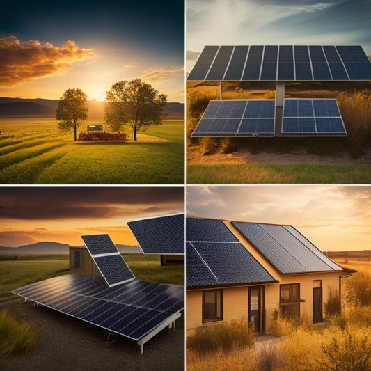 A split-screen image featuring three photovoltaic panels with distinct designs, each set against a contrasting background: sleek rooftops, rustic rural landscapes, and modern industrial settings.