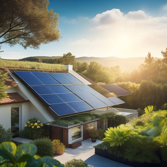 Create a vibrant, sunlit scene featuring a variety of sleek, modern solar panels on suburban rooftops, surrounded by lush greenery, with a clear blue sky and a few fluffy white clouds in the background.