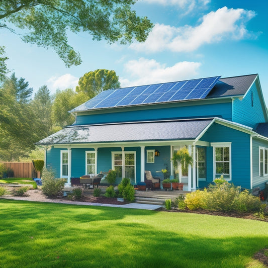 A serene suburban home with a bright blue sky, surrounded by lush greenery, featuring a solar panel installation in progress, with tools and technicians in action, highlighting each step.