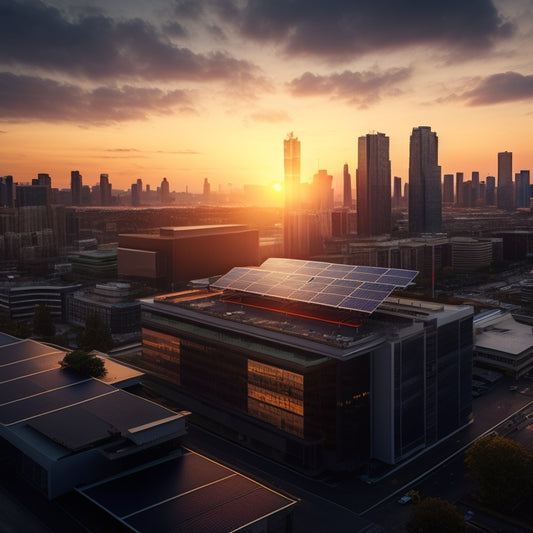 A photorealistic cityscape at sunset with a large commercial building in the center, its rooftop covered in sleek, black solar panels, surrounded by smaller buildings with varying solar panel installations.