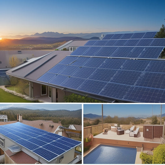 A split-screen image featuring a residential rooftop with solar panels installed on one side, and a detailed breakdown of installation components on the other, including inverters, mounting systems, and wiring.