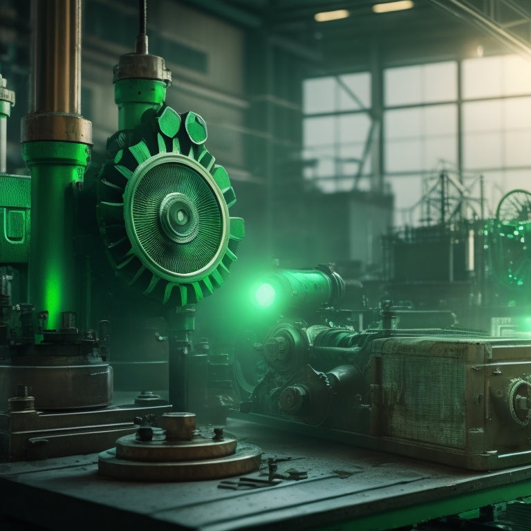 An illustration featuring a factory or industrial setting with various machinery and equipment, with gears, cogs, and pistons in motion, surrounded by downward-trending graphs and charts, with a subtle green glow.