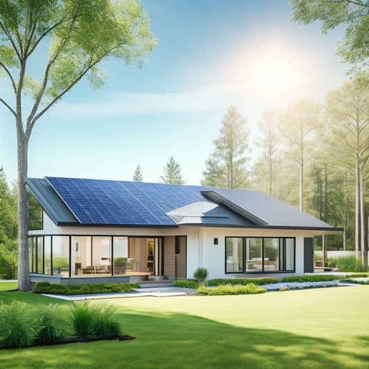 A serene suburban home with a sleek, modern roof, featuring a mix of rectangular and triangular solar panels in varying sizes, surrounded by lush green trees and a clear blue sky.