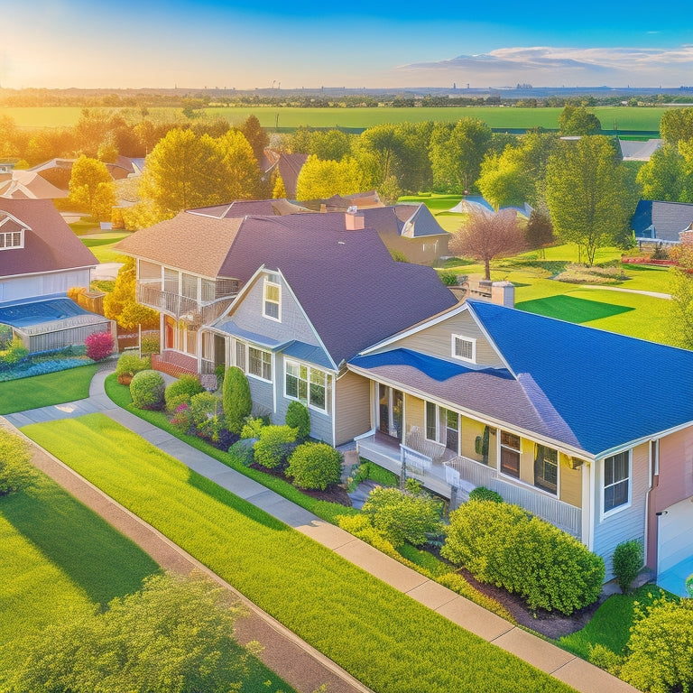 A sunlit suburban neighborhood with solar panels on rooftops, vibrant green lawns, and families enjoying outdoor activities, showcasing a banner of incentives like tax credits and rebates illustrated through playful, colorful icons in the sky.
