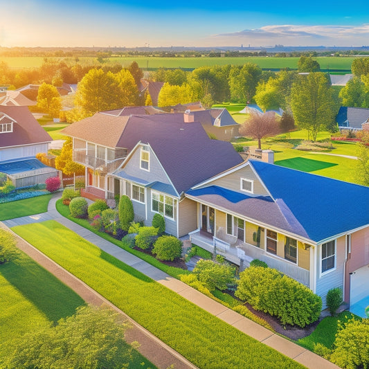 A sunlit suburban neighborhood with solar panels on rooftops, vibrant green lawns, and families enjoying outdoor activities, showcasing a banner of incentives like tax credits and rebates illustrated through playful, colorful icons in the sky.