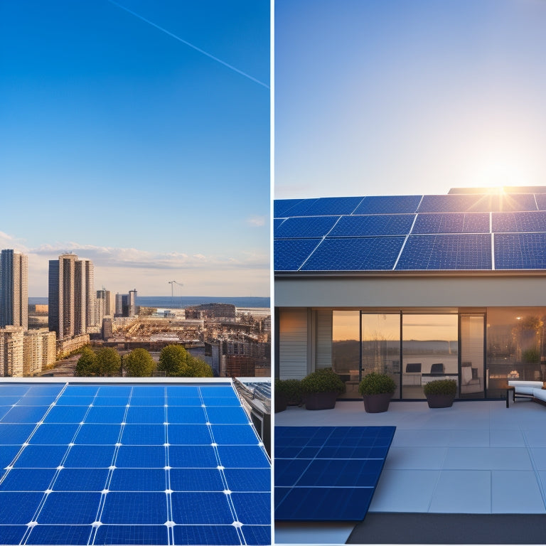 A split-screen image featuring a sleek, modern residential rooftop with solar panels in warm sunlight, alongside a commercial building with a vast, angular solar array against a blue sky.