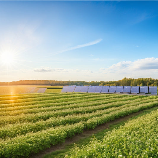 A serene landscape featuring a modern solar farm with rows of gleaming panels under a bright blue sky, surrounded by lush greenery and wildflowers, showcasing an innovative solar battery station integrated seamlessly into nature.