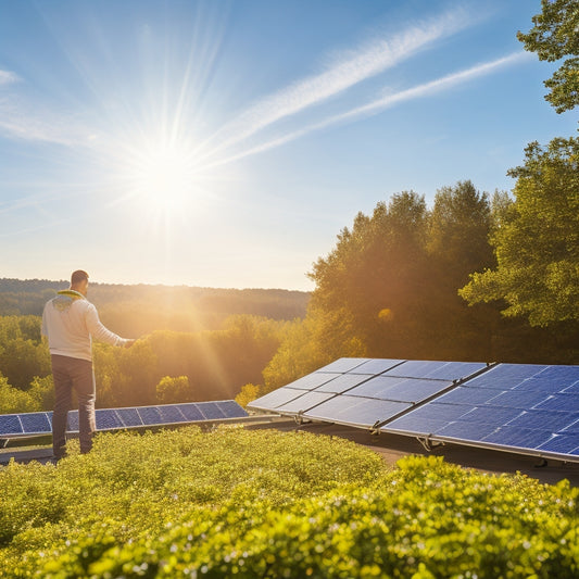 A sunny rooftop with sleek, modern solar panels glistening, surrounded by lush green trees, set against a clear blue sky. In the background, a professional technician inspects the installation, ensuring optimal alignment.