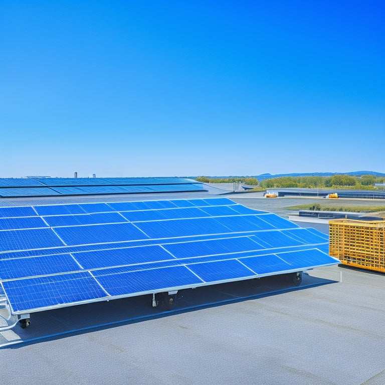 High-quality solar panels on a rooftop under a bright blue sky, with a delivery truck in the background and a digital shopping cart icon subtly integrated into the scene.