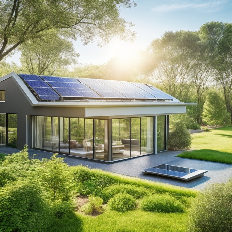 A modern eco-home with sleek solar panels on a green roof, surrounded by lush gardens, large windows reflecting sunlight, and a clear blue sky, showcasing harmony between nature and sustainable architecture.