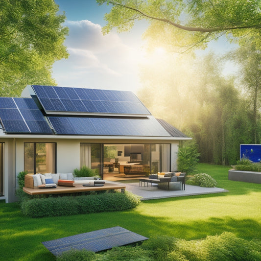 A modern home with solar panels on the roof, bathed in bright sunlight, surrounded by lush greenery. A laptop on a table nearby, showcasing a solar system shopping website, creating a fusion of tech and nature.