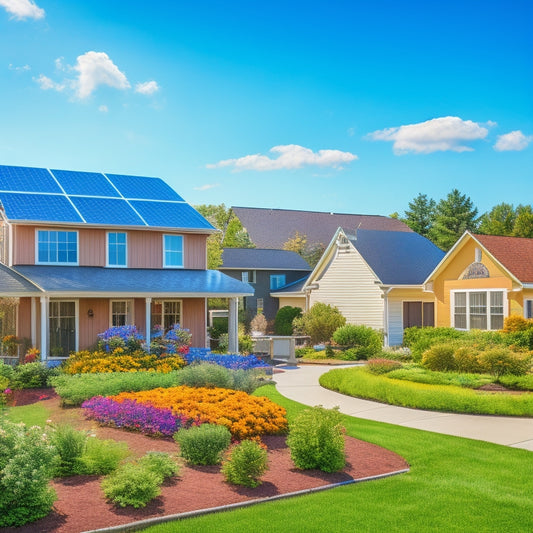 A sunny suburban neighborhood with solar panels on rooftops, vibrant gardens, and families enjoying their yards. Include a government building in the background, symbolizing support for renewable energy, with clear blue skies above.