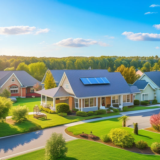 A serene suburban neighborhood with multiple houses, each having rooftop solar panels installed, amidst lush green trees and a bright blue sky with a few white, puffy clouds.