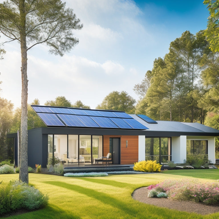 A modern, eco-friendly suburban home with a sleek, black solar panel roof, surrounded by lush greenery, with a bright blue sky and a few fluffy white clouds, showcasing a seamless integration of technology and nature.