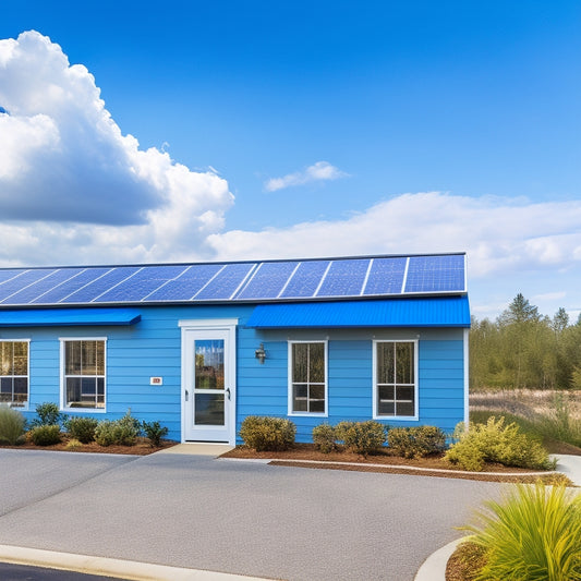 A vibrant small business exterior adorned with solar panels, wind turbines in the background, lush greenery surrounding the building, and energy-efficient lights illuminating a welcoming entrance, all under a bright blue sky.