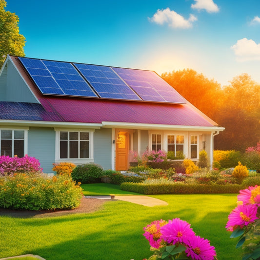 A sunny suburban home with 7 brightly colored solar panels installed on the roof, surrounded by blooming flowers and lush greenery, with a subtle cityscape in the background.